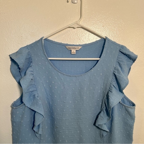 Counterparts Swiss Dot Blouse Light Blue Ruffle L - Picture 2 of 10